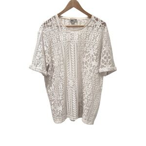Sheer White Lace Crochet Knit Tee Shirt Short Sleeve Boxy M